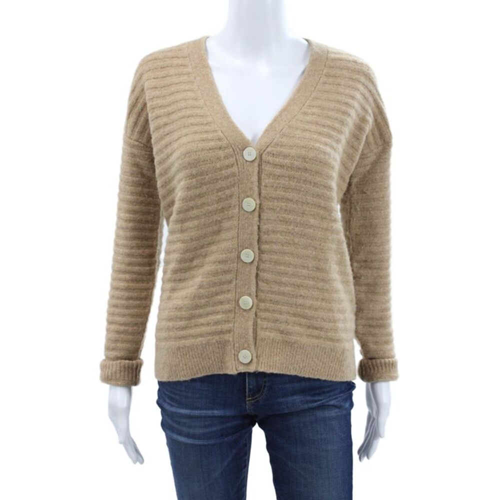 Theory Unisex Beige Striped V Neck Button Cardigan Long Sleeve Size XS